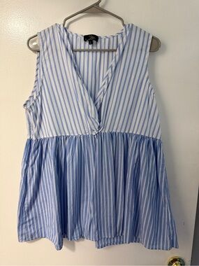 Suzanne Betro Blue and White Striped Sleeveless Peplum Tunic